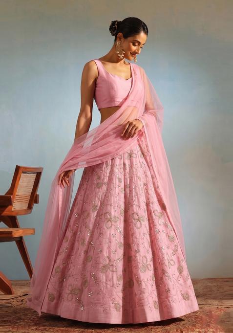 Pastel Pink Embroidered Lehenga Set