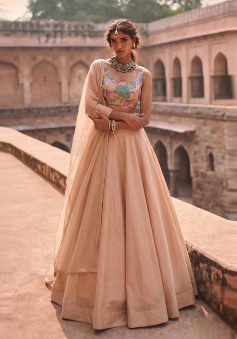 Beige Printed Organza Lehenga Set