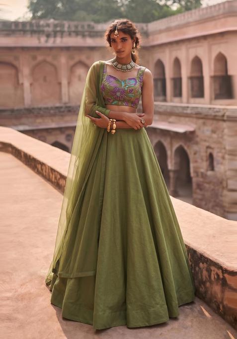 Olive Green Printed Organza Lehenga Set