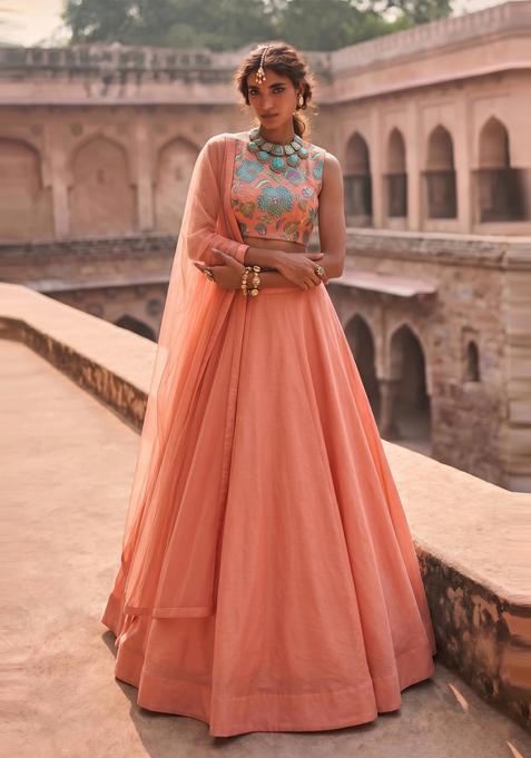 Peach Printed Organza Lehenga Set