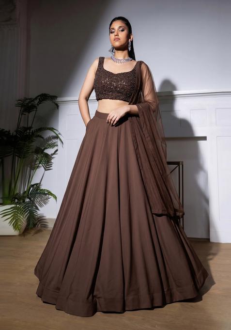 Dark Brown Embroidered Net Lehenga Set