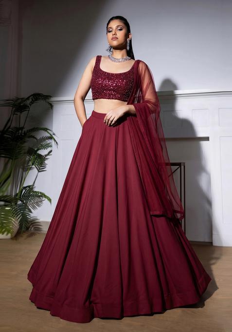 Maroon Embroidered Net Lehenga Set