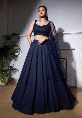 Navy Blue Embroidered Net Lehenga Set