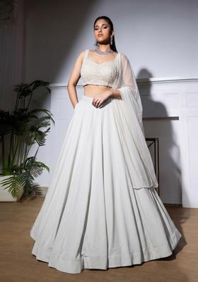 White Embroidered Net Lehenga Set