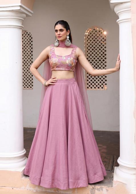 Mauve Printed Organza Lehenga Set