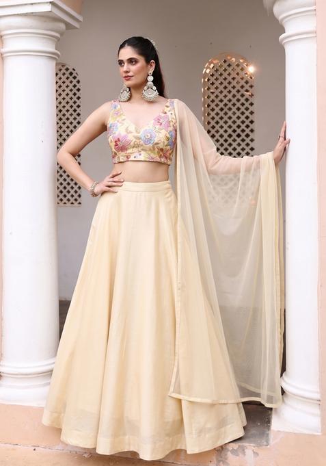 Cream Printed Organza Lehenga Set