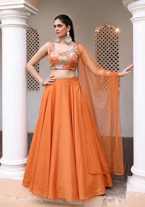 Orange Printed Organza Lehenga Set