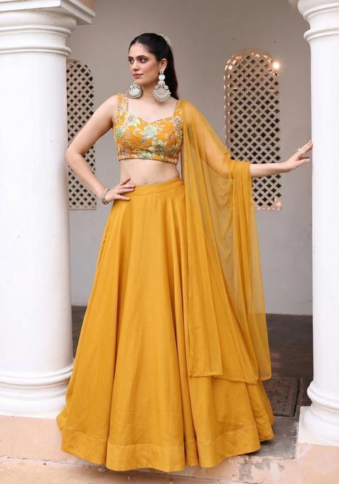 Mustard Yellow Printed Organza Lehenga Set