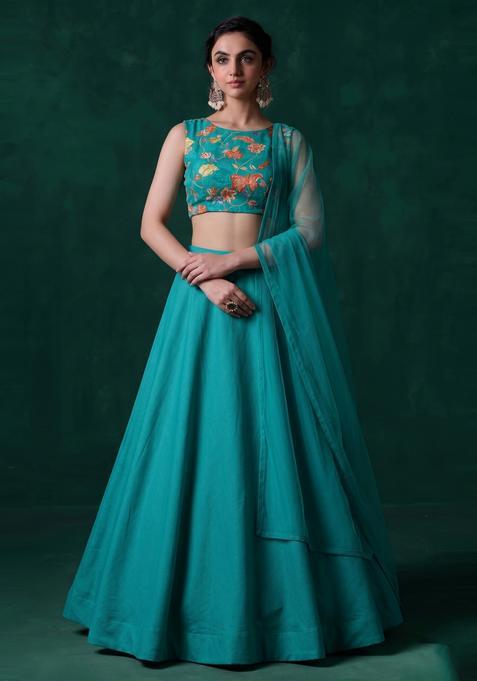 Teal Blue Embroidered Organza Lehenga Set