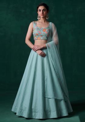 Mint Green Embroidered Organza Lehenga Set