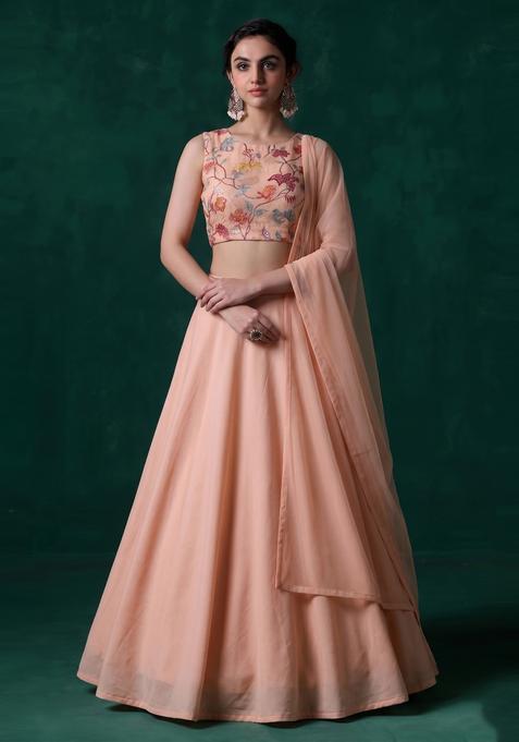 Peach Embroidered Organza Lehenga Set