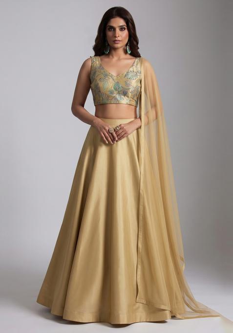 Beige Embroidered Tissue Lehenga Set