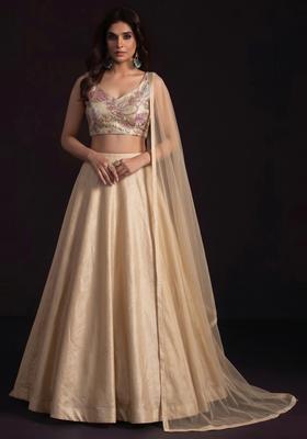 Beige Embroidered Tissue Lehenga Set