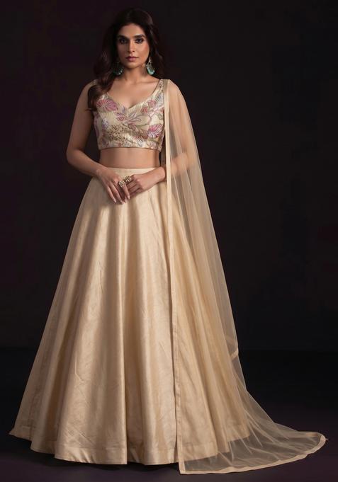 Beige Embroidered Tissue Lehenga Set