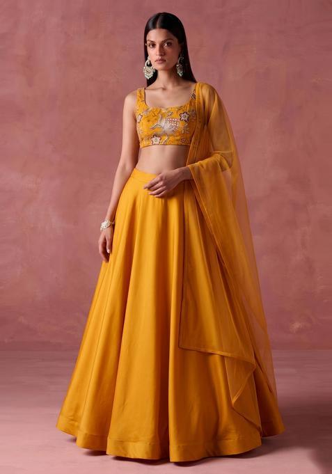 Mustard Yellow Printed Organza Lehenga Set