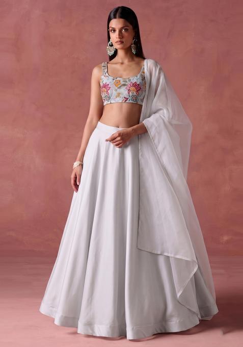 Off White Printed Organza Lehenga Set