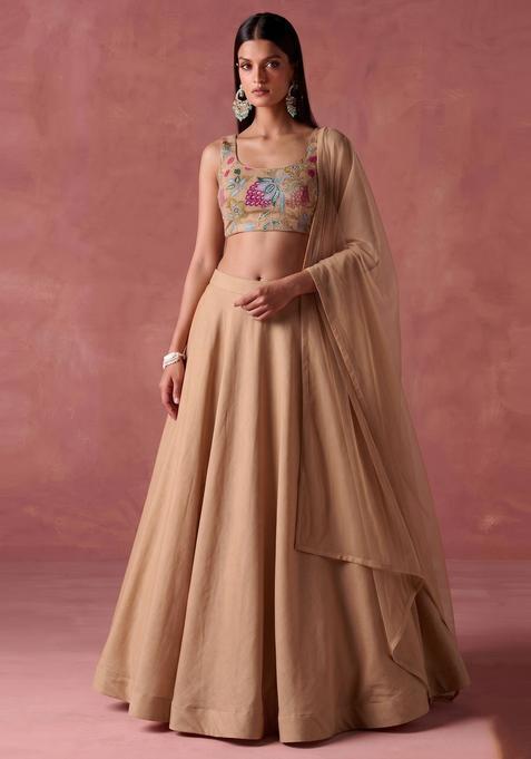 Peach Printed Organza Lehenga Set