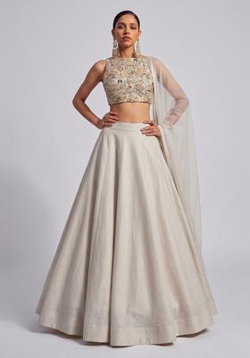 Off-White Embroidered Tissue Lehenga Set