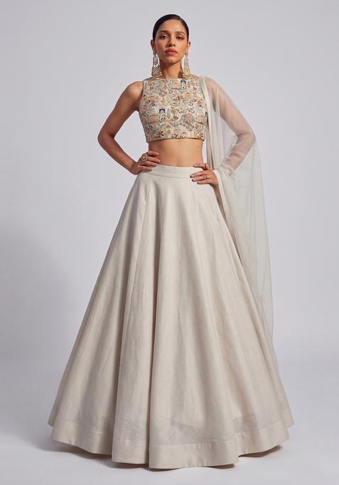 Off-White Embroidered Tissue Lehenga Set