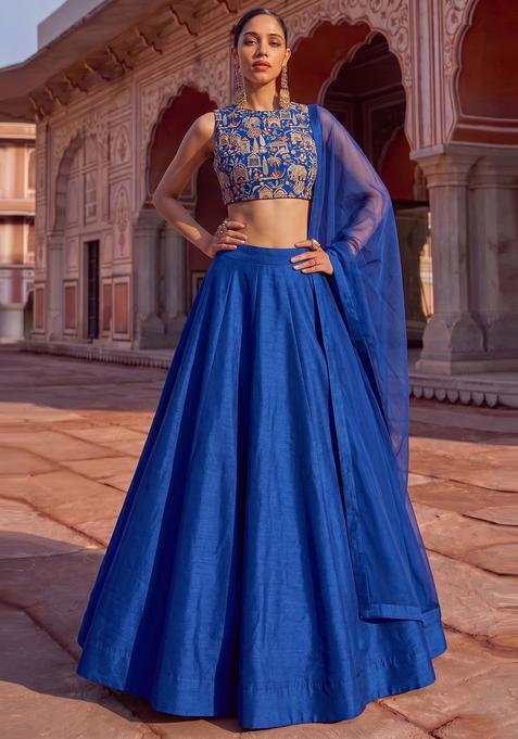 Royal Blue Embroidered Tissue Lehenga Set