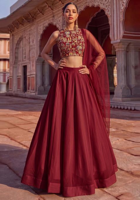 Maroon Embroidered Tissue Lehenga Set