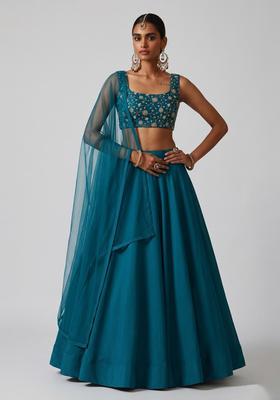 Teal Blue Embroidered Net Lehenga Set