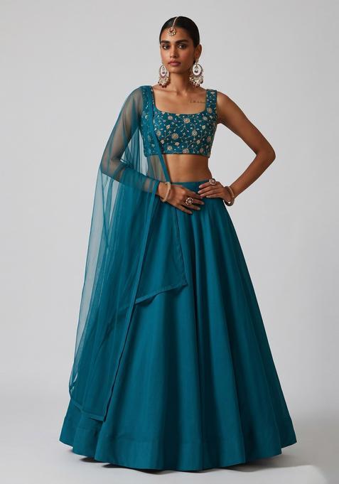 Teal Blue Embroidered Net Lehenga Set
