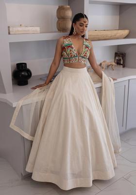 Off-White Printed Crepe Lehenga Set