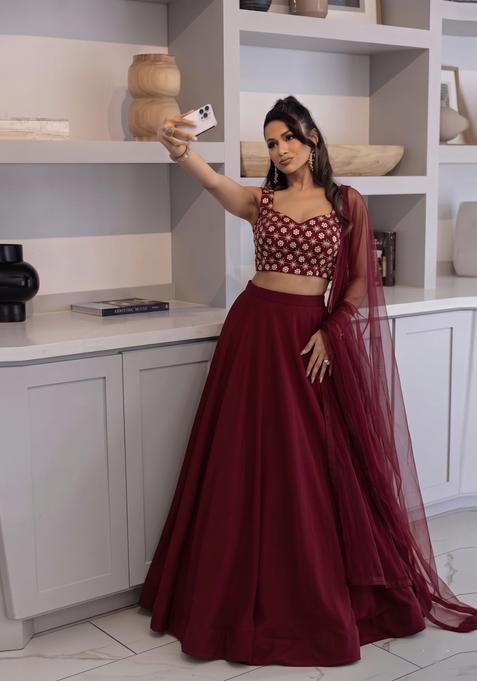 Maroon Printed Georgette Lehenga Set