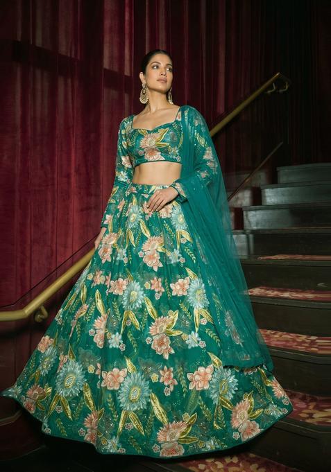 Teal Green Embroidered Organza Lehenga Set