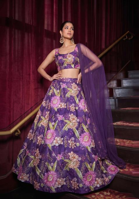 Deep Purple Embroidered Organza Lehenga Set