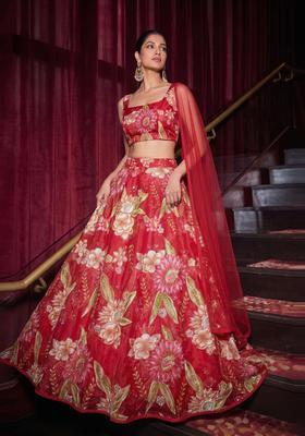 Bright Red Embroidered Organza Lehenga Set
