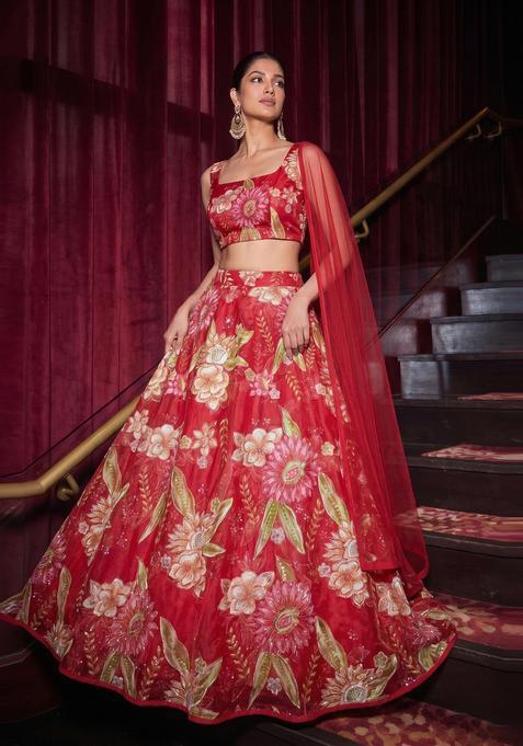 Bright Red Embroidered Organza Lehenga Set