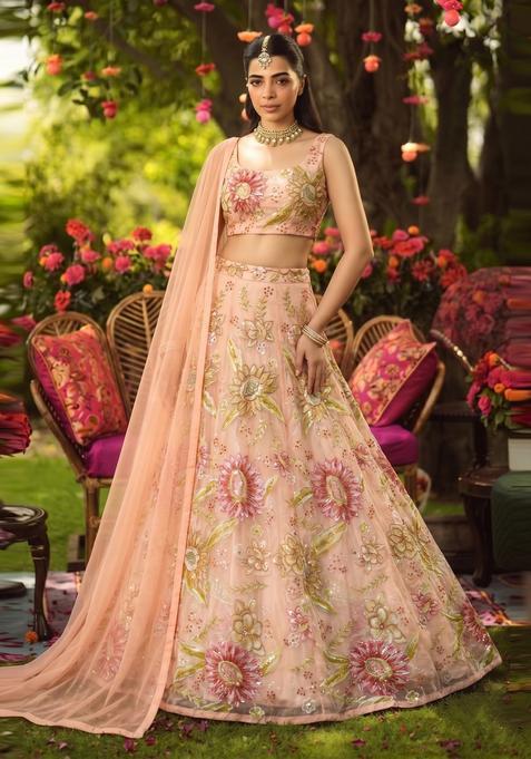 Pastel Peach Embroidered Organza Lehenga Set