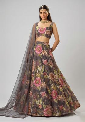 Charcoal Grey Embroidered Organza Lehenga Set