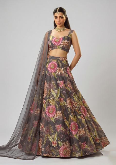 Charcoal Grey Embroidered Organza Lehenga Set