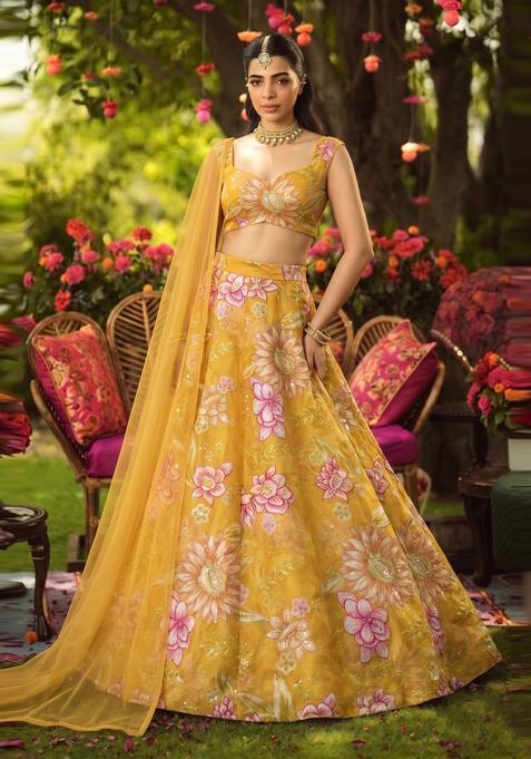 Mustard Yellow Embroidered Organza Lehenga Set
