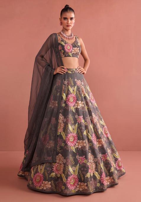 Charcoal Grey Embroidered Organza Lehenga Set