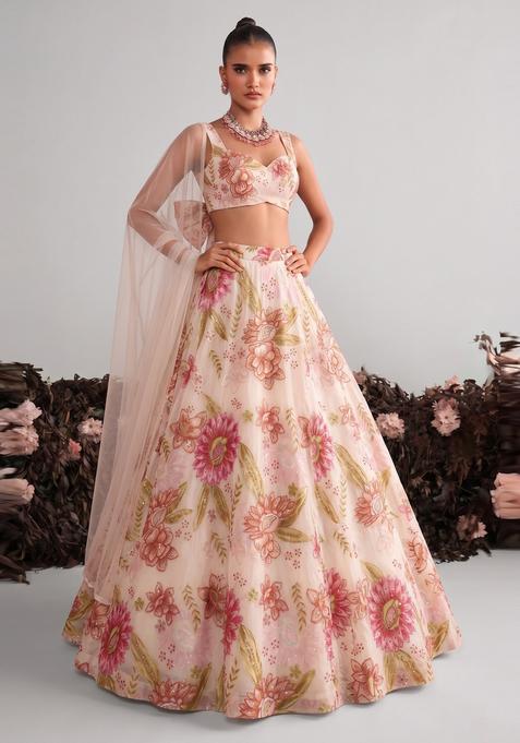 Pastel Pink Embroidered Organza Lehenga Set