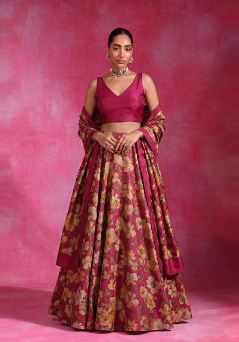 Dark Pink Printed Tissue Lehenga Set