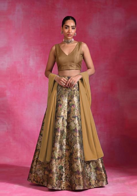 Brown Printed Tissue Lehenga Set
