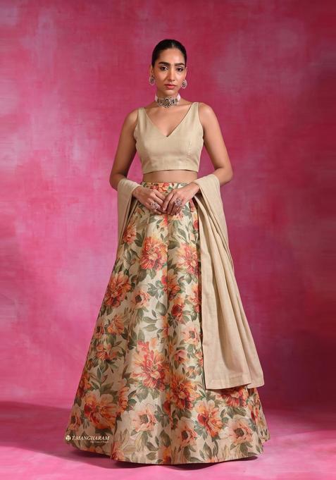 Beige Printed Tissue Lehenga Set