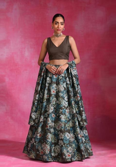 Dark Brown Printed Tissue Lehenga Set