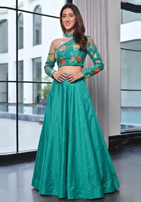 Teal Green Embroidered Organza Lehenga Set