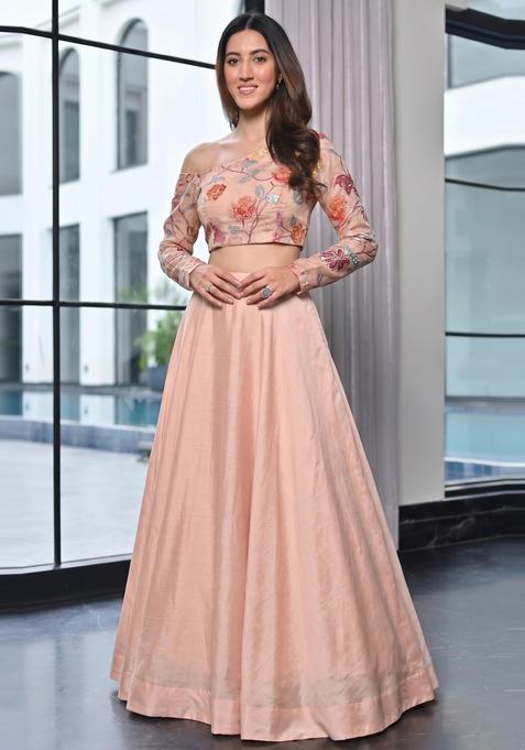 Peach Embroidered Organza Lehenga Set