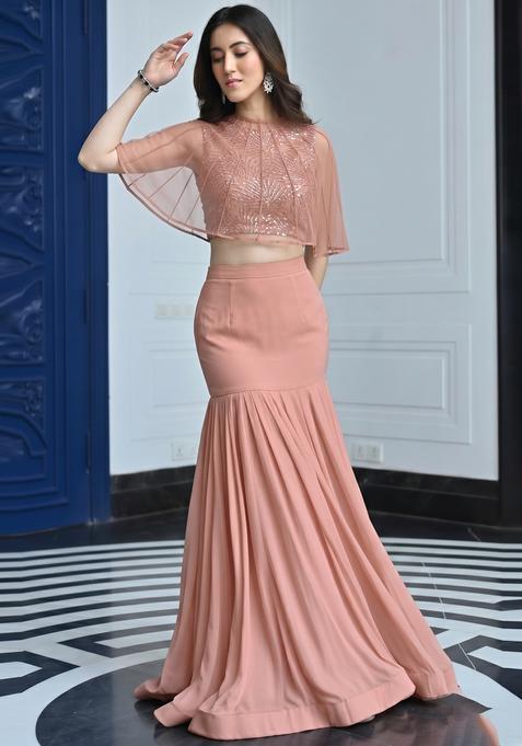 Peach Sequin Net Lehenga Set