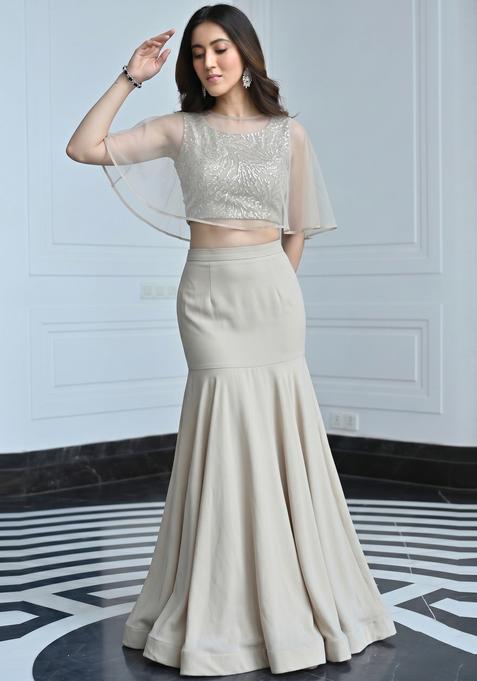 Beige Sequin Crepe Lehenga Set