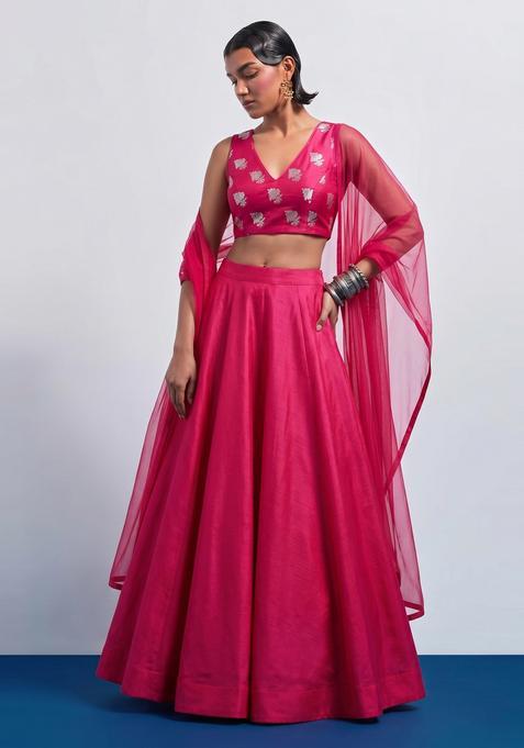 Pink Embroidered Silk Lehenga Set