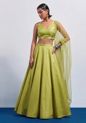 Olive Green Embroidered Silk Blend Lehenga Set