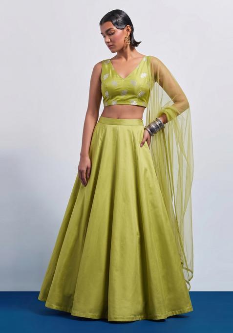 Olive Green Embroidered Silk Lehenga Set